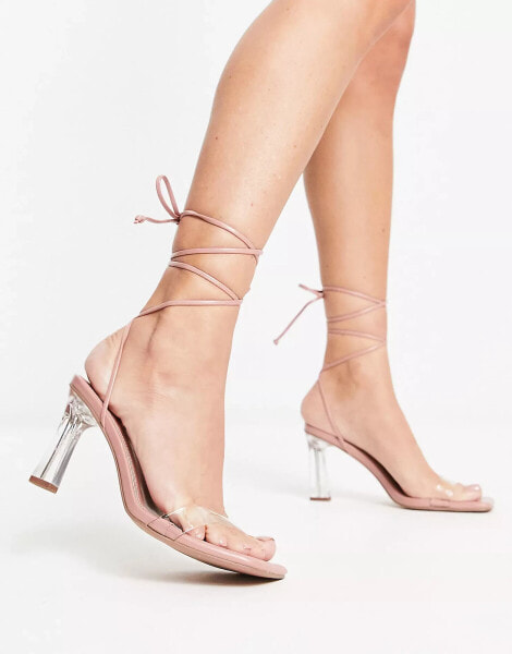 ASOS DESIGN Helsy tie leg mid heeled sandals in clear and beige