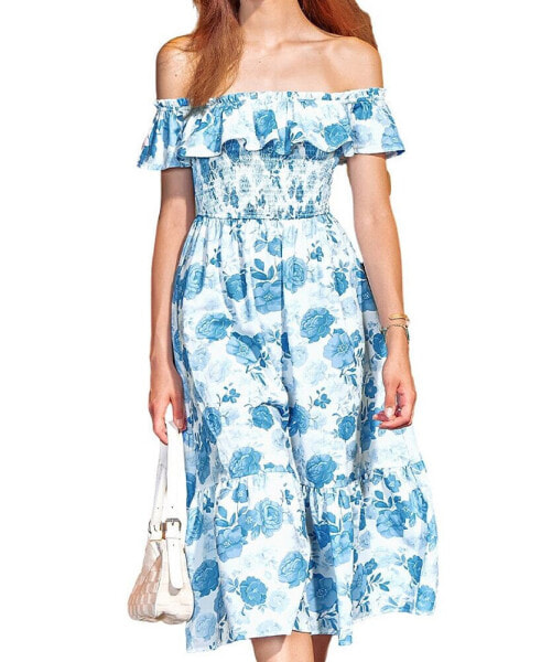 Women's Soft Blue Rose Ruffled Off-Shoulder Midi Beach Dress