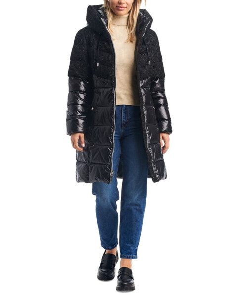 Women's Mixed-Media Belted Hooded Puffer Coat
