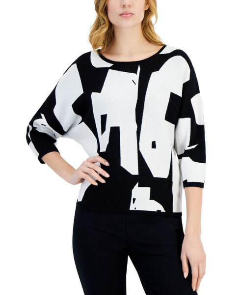 Women's Abstract Print 3/4-Sleeve Crewneck Sweater