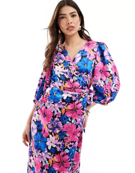 Vila satin wrap maxi dress in purple floral print