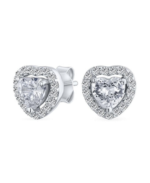 Cubic Zirconia Heart Shaped Stud Earrings Halo Bezel Set CZ For Women For Sterling Silver