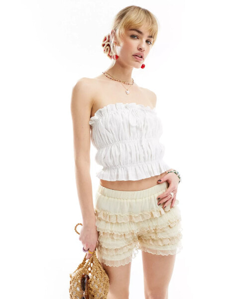 COLLUSION cotton crinkle bandeau sun top with tie detail in white