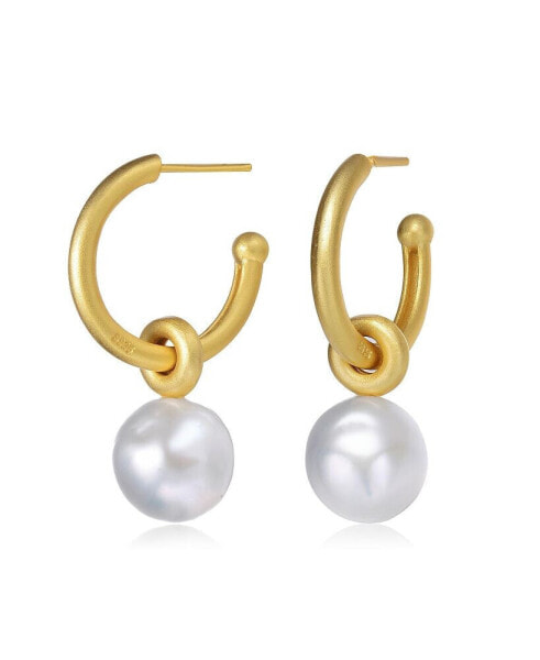 Elegant Sterling Silver 14K Gold Plated Round 11.5-12MM Genuine Freshwater Pearl Hoop Earrings