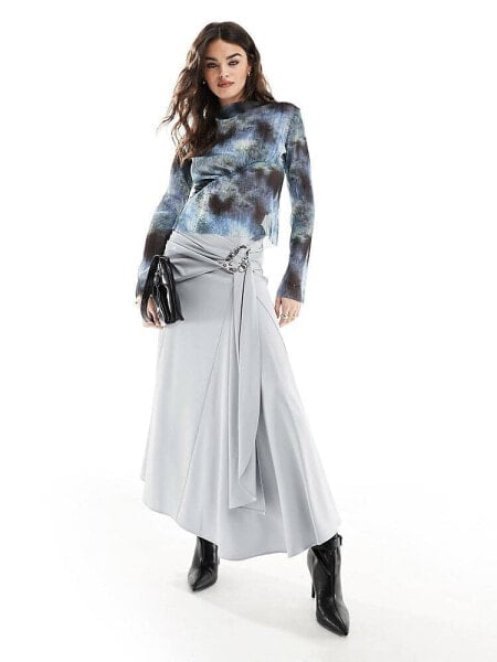 & Other Stories maxi skirt with drape side tie and buckle detail in light grey