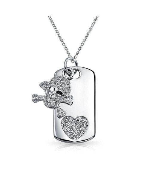 Skull Heart And Crossbones Caribbean Pirate Pave CZ Dog Tag Pendant Necklace For Women For Teen Rhodium Plated Brass