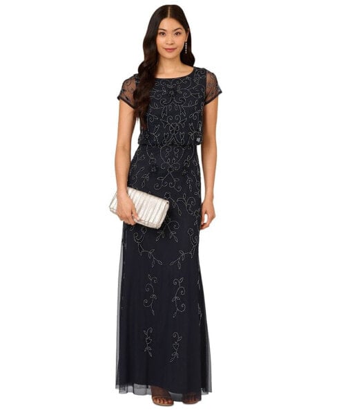 Petite Boat-Neck Short-Sleeve Beaded Blouson Gown