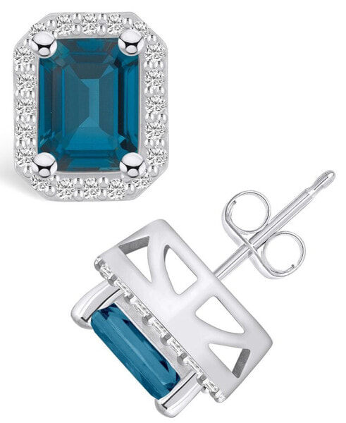 London Topaz (4 ct. t.w.) and Diamond (3/8 ct. t.w.) Halo Stud Earrings in 14K White Gold