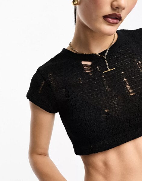 Stradivarius destroyed cropped tee in black