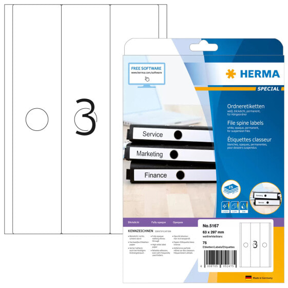 HERMA Suspension file labels A4 63x297 mm white paper matt opaque 75 pcs. - White - Rounded rectangle - Permanent - A4 - Paper - Matte