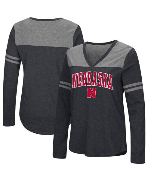 Women's Black Nebraska Huskers Core Heritage Arch Logo V-Neck Long Sleeve T-shirt