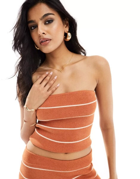 Pretty Lavish knit bandeau top co-ord in terracotta stripe