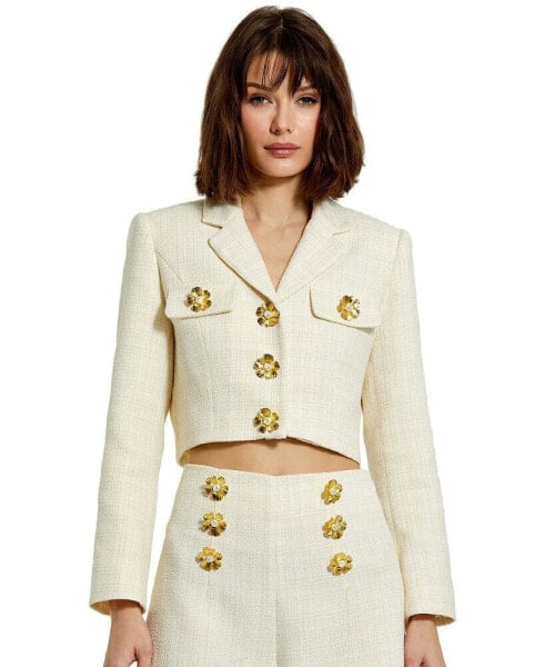 Women's Cropped Tweed Floral Button Jacket