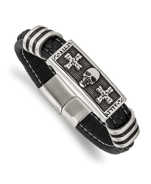 Stainless Steel Enameled Skull Cross Black Leather Bracelet