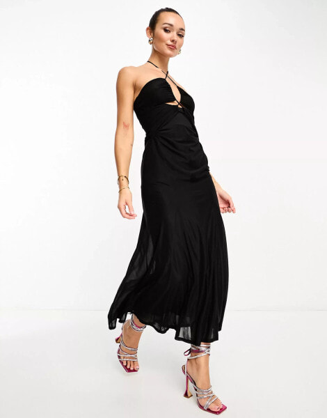 ASOS DESIGN halterneck mesh midi dress with godets in black