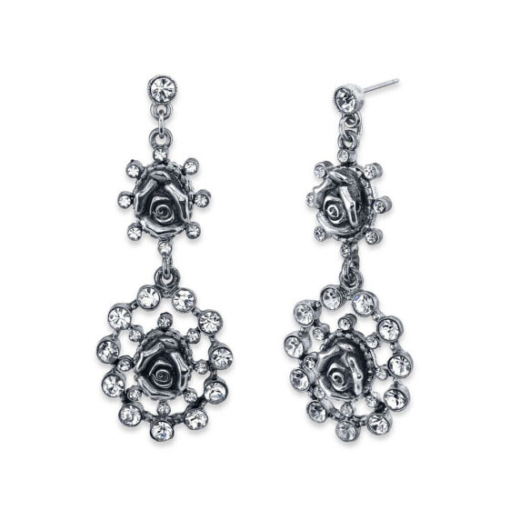 Silver-Tone Crystal Flower Double Drop Earrings