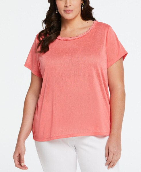 Plus Size Eco Fabric Short Sleeve Top with Decorative Trim
