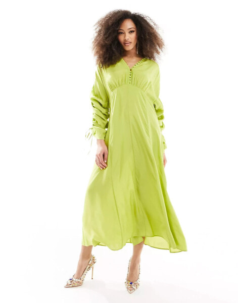 & Other Stories drapey midaxi dress with ruche tie volume sleeves in green