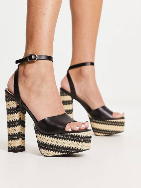 South Beach square toe straw platform sandal in black