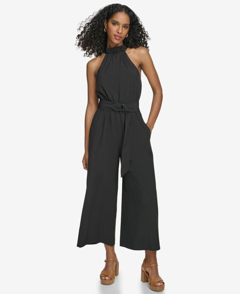 Women's Belter Halter-Neck Straight-Leg Jumpsuit