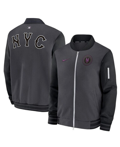 Men's Charcoal New York Mets 2024 City Connect Authentic Collection Game Time Full-Zip Bomber Jacket