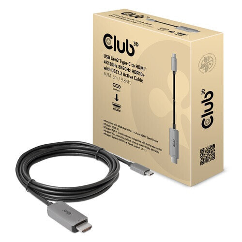 Club 3D USB Gen2 Type-C to HDMI 4K120Hz 8K60Hz HDR10 with DSC1.2 Active Cable M/M 3m / 9.84ft - USB C - HDMI Type A (Standard) - 3 m - Black