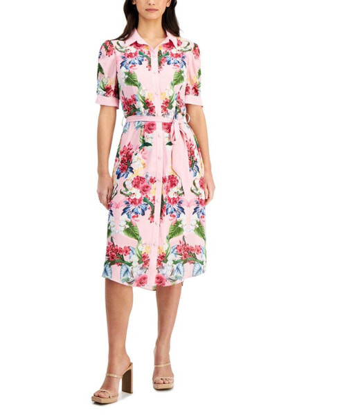 Women's Belted Floral Midi Shirtdress
