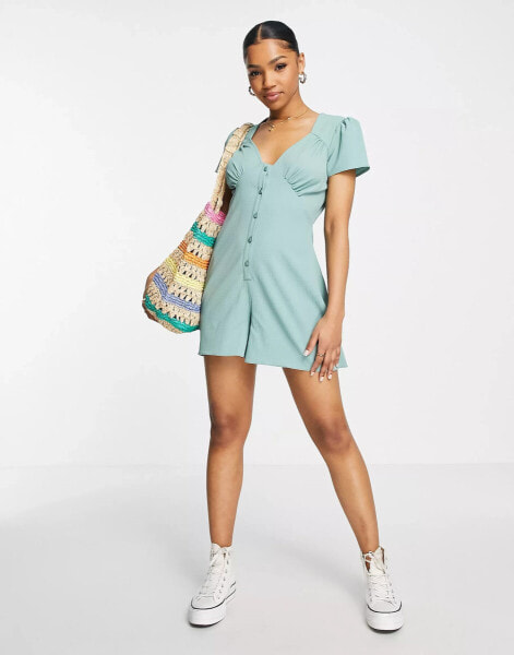 ASOS DESIGN crepe cap sleeve tea button front playsuit in sage