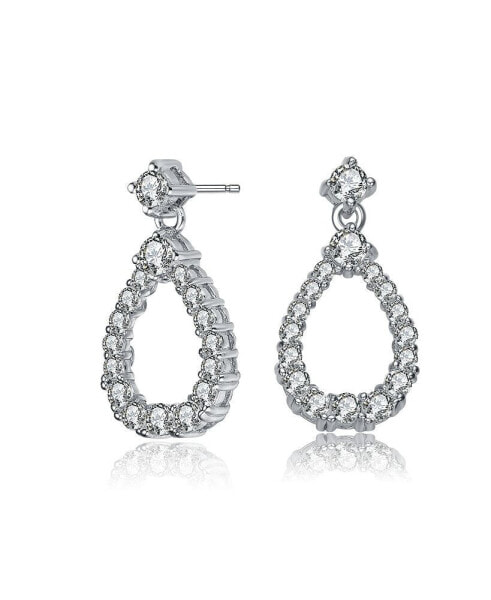 GV Sterling Silver White Gold Plated Clear Round Cubic Zirconia Open Pear Drop Earrings