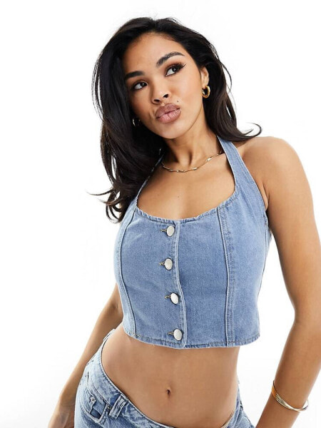 In The Style denim halterneck top in blue