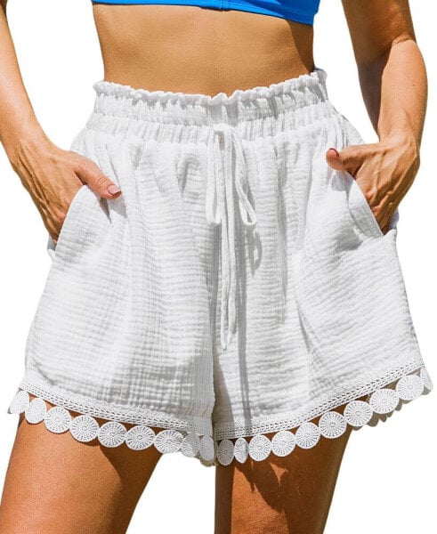 Women's White Crinkle Ornate Hem Loose Leg Shorts