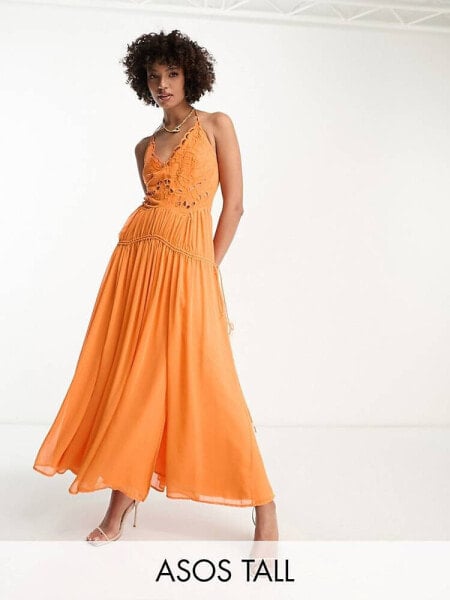 ASOS DESIGN Tall cutwork maxi slip dress with drawstring waist in orange