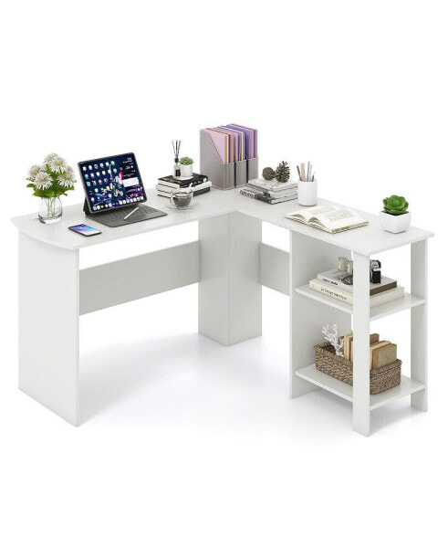 Large Modern L-shaped Computer Desk with 2 Cable Holes and 2 Storage Shelves