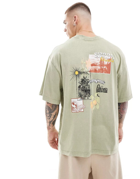 ONLY & SONS super oversized t-shirt with postcard back print in washed sage