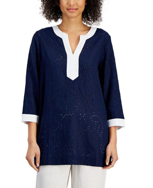 Women's 100% Linen Eyelet Contrast-Trim Tunic, Created for Macy's