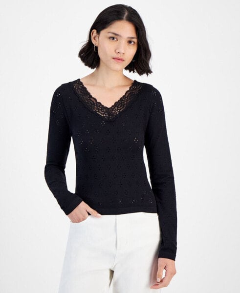 Juniors' Lace-Trim V-Neck Pointelle Knit Top