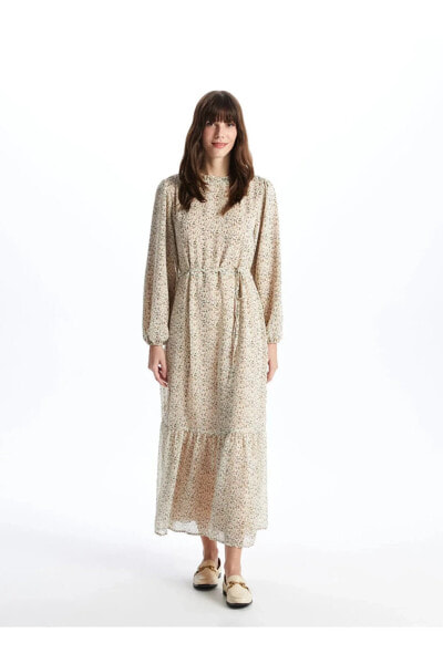 LCWAIKIKI Classic Fırfırlı Dik Yaka Çiçekli Uzun Kollu Kadın Şifon Elbise