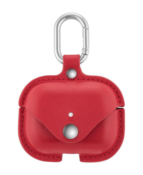 Red Leather AirPods Case with Silver-Tone Snap Closure and Carabiner Clip