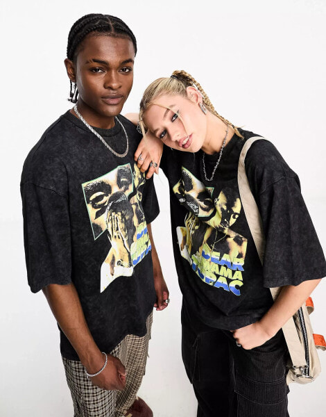 COLLUSION Unisex license t-shirt with Tupac print in washed black