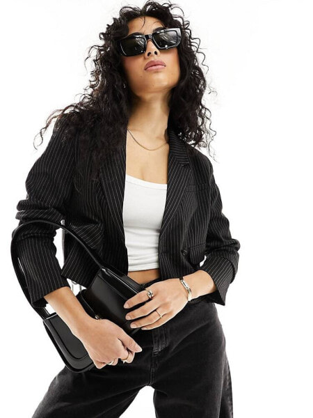 Pimkie box shoulder cropped blazer in black pinstripe