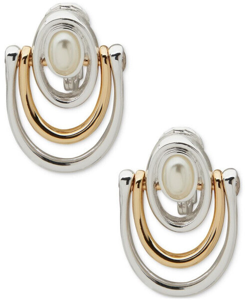 Two-Tone Imitation Pearl Multi-Row Clip-On Drop Earrings