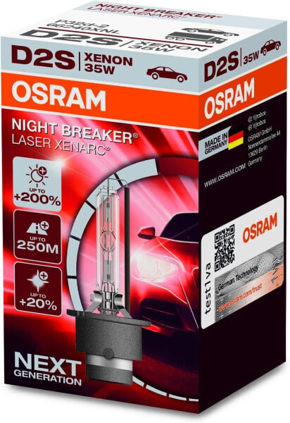 OSRAM XENARC NIGHT BREAKER LASER D2S, +200 % mehr Helligkeit, HID Xenon-Scheinwerferlampe, 66240XNL, Faltschachtel (1 Lampe)