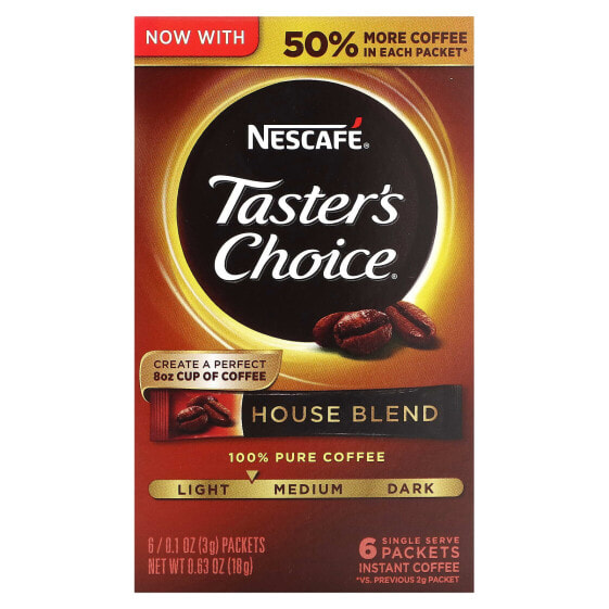 Taster's Choice, Instant Coffee, House Blend, Light/Medium, 6 Packets, 0.1 oz (3 g) Each