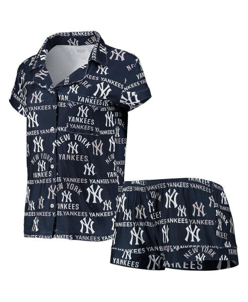 Women's Navy New York Yankees Flagship Allover Print Top and Shorts Sleep Set