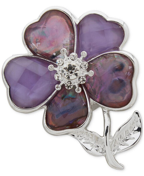 Silver-Tone Crystal & Stone Flower Pin