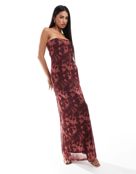 ASOS DESIGN floral bandeau mesh maxi dress in wine