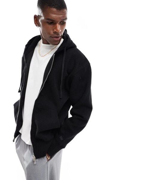 Pull&Bear zip through hoodie in black