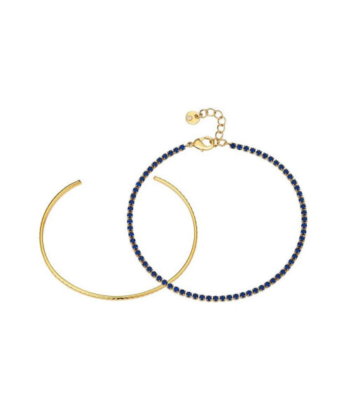 Blue Sapphire Cubic Zirconia Tennis and Cuff 2 Piece Bracelet Set