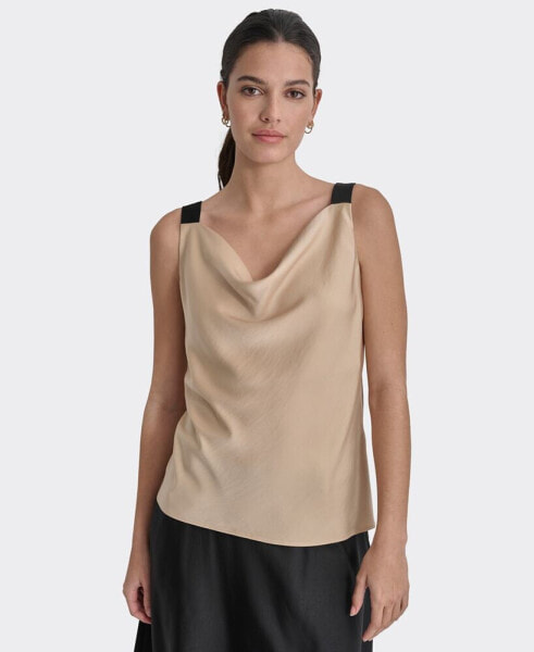 Women's Cowlneck Sleeveless Colorblocked-Strap Tank Top