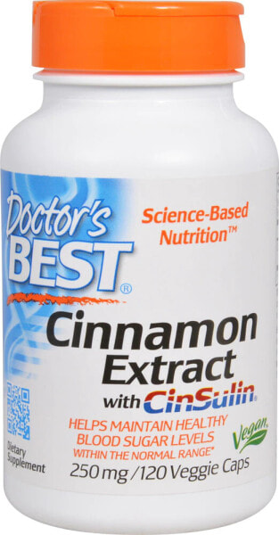 Doctor's Best Cinnamon Extract with CinSulin запатентованный водный экстракт корицы для поддержки здорового уровня сахара в крови 250 мг 120 растительных капсул